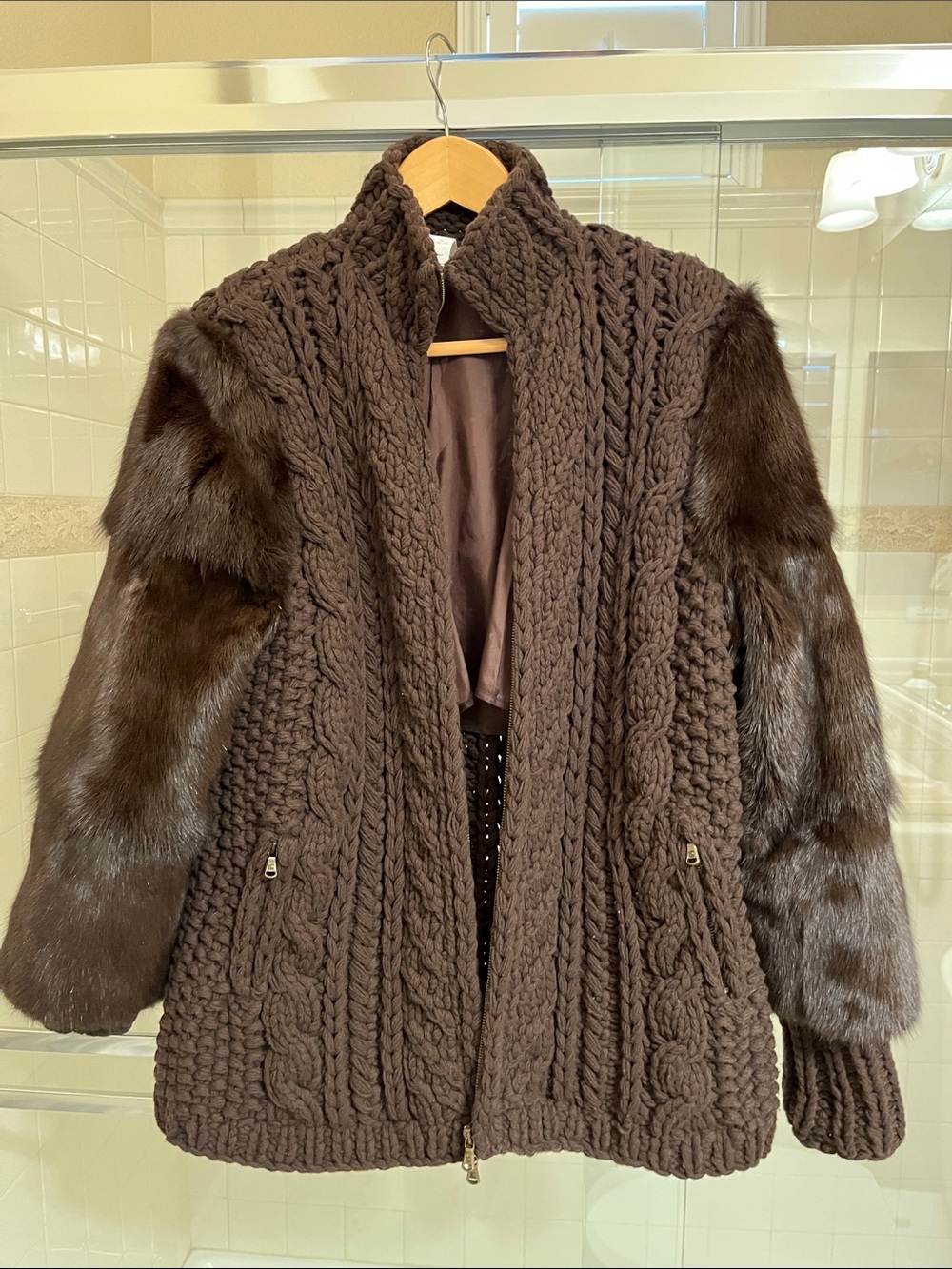 Les Copains Dark Brown Cable Knit Jacket with Fur Sleeves